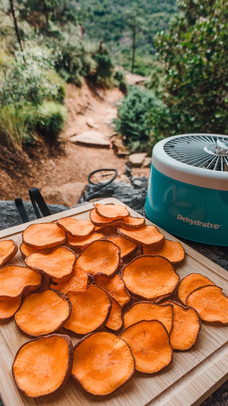 Dehydrated sweet potato slices on a cutting board with a hiking trail background.